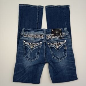 Miss Me Blue Denim Boot Cut Jeans with Embellished Pockets Size 29